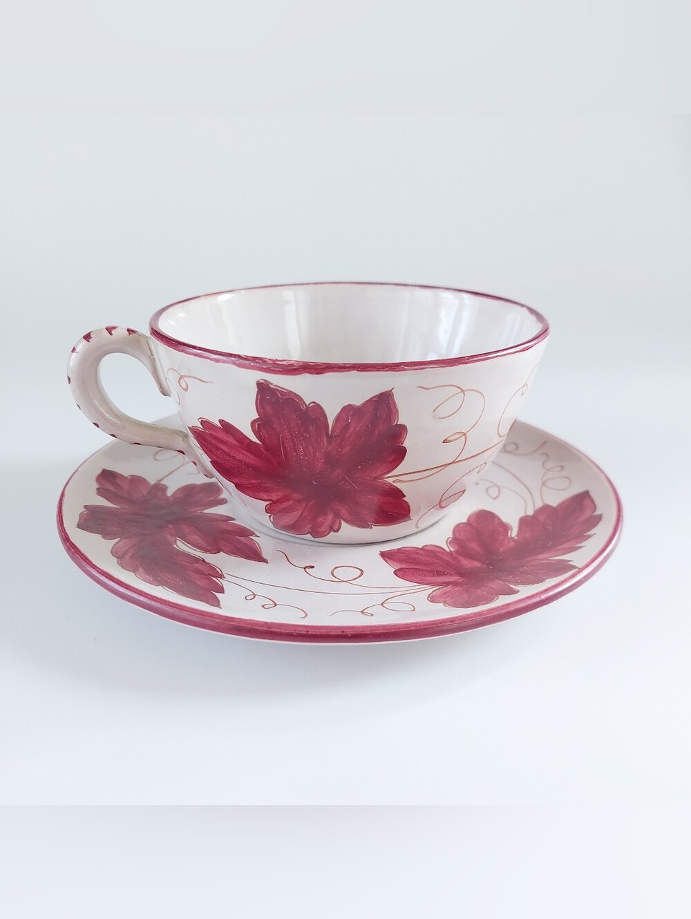 Vtg Italian Ceramic Oversized Teacup & Saucer Hand Painted Burgundy Grape Leaf